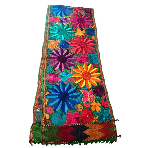 Mexican Handmade Traditional Woven Embroidered Bright Floral Table Runner 96X17 - Picture 6 of 10